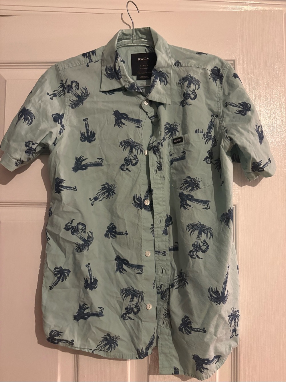 RVCA Boys Mint Green Short-Sleeve Palm Print Button-Up Shirt